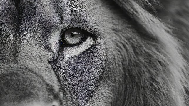 This is a tight close-up monochrome wildlife photograph, focusing on a lion's eye, partial muzzle and textured fur, rendered in high-contrast black and white with sharp, detailed fur grain.

