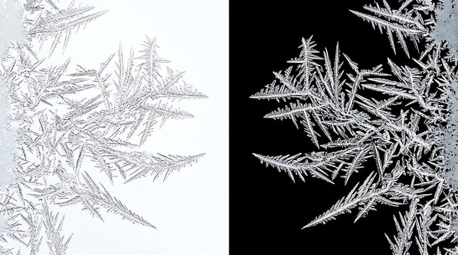 Detailed Ice Crystal Frost Pattern Texture Split Screen on White and Black