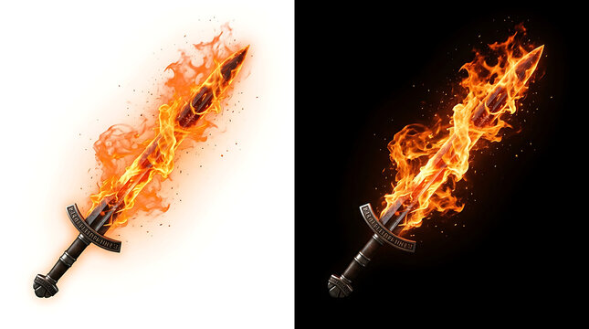 Flaming Fire Sword Weapon Effect Split Screen Set on White and Black Background