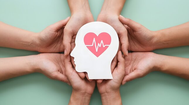 Hands holding a human head silhouette with a heart and heartbeat symbol representing mental health awareness