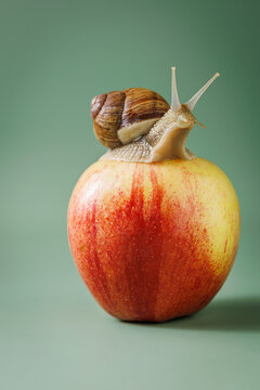 A curious garden snail climbing on a red apple