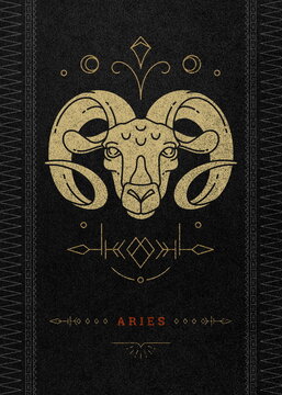 golden cosmic aries geometric symbol &ndash; celestial zodiac line art with luxurious sacred astral design