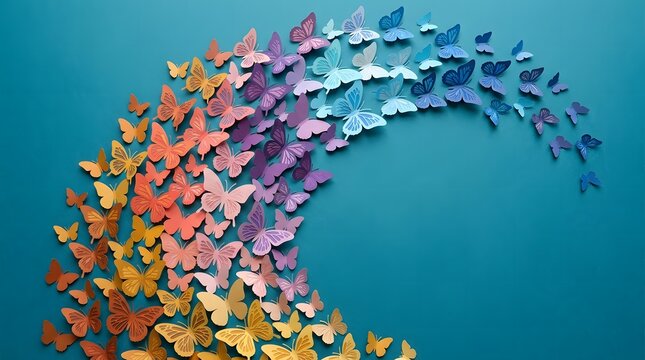 Paper craft butterflies in a swirling formation on a blue background