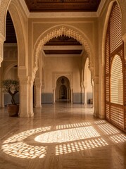 Obraz premium Vertical Authentic Moorish palace interior showing intricate stucco carvings and arches, with golden hour light creating serene lattice shadows on the floor for a cultural heritage background.