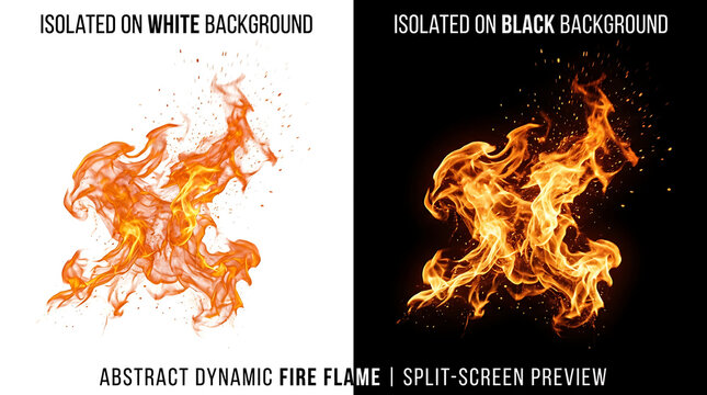 Abstract fire flame pillar split screen comparison on white and black background set