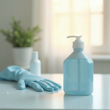 Hand Sanitizer Bottle on Clean Medical Counter in Modern Healthcare Clinic