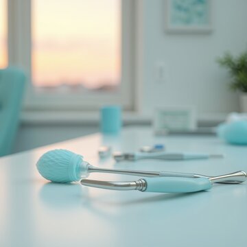 Dental Instruments on Counter in Modern Clinic with Soft Focus Background