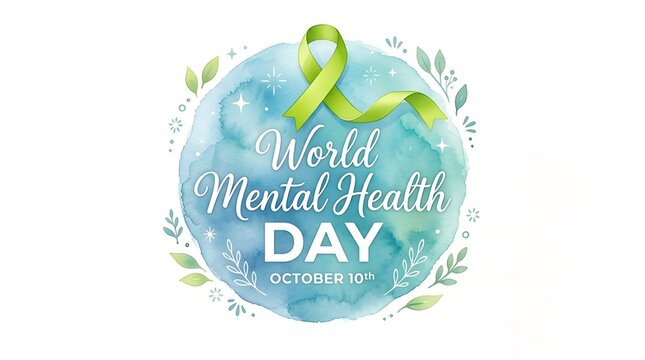 World mental health day concept with green awareness ribbon on watercolor blue background