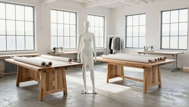 A bright, minimalist fashion design studio featuring a white mannequin standing between wooden tables with fabric rolls. Large windows let in natural light. Shallow depth of field highlights the manne