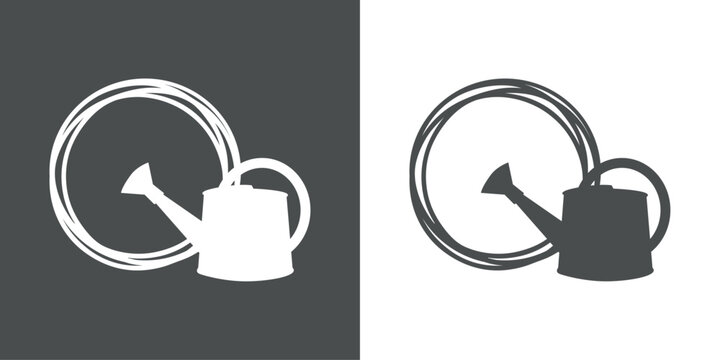 Logotipo Gardener. Dibujo sencillo de la silueta de una regadera de jardiner&iacute;a con un c&iacute;rculo con l&iacute;neas en gris y blanco 