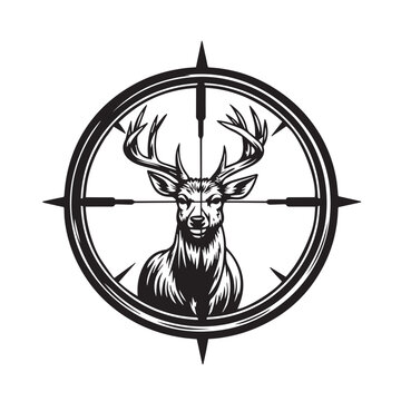 Hand drawn vector sketch of a rifle scope aiming at a stag in a forest clearing, featuring detailed crosshatching, vintage engraving style, and precise line art.