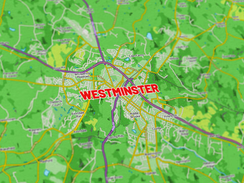 Macro View of Westminster Maryland Map Showing Detailed Streets, Roads, and Geographic Layout
