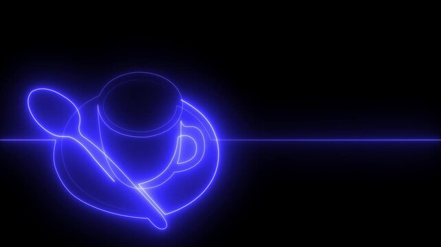 Glowing Neon Coffee Cup and Spoon Continuous Line Art Animation with Dynamic Color Changing Effect on Black Background Loop