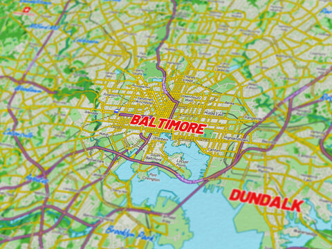 Macro View of Baltimore Maryland Map Showing Detailed Streets, Roads, and Geographic Layout