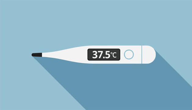 Flat vector illustration of a white digital thermometer displaying body temperature of thirty seven point five.