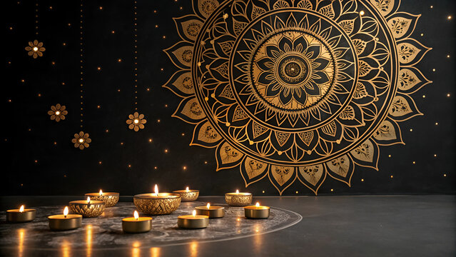 Golden mandala background with glowing candles. Elegant Diwali festive decor and luxury art.