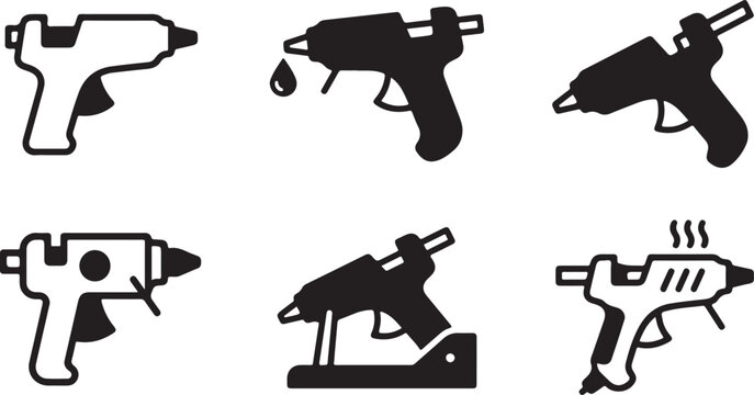 Six black and white glue gun icons in different styles Vector