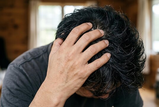 Close-up of a middle-aged man showing hair loss on his scalp, concerned about premature graying and hair loss issues, seeking a professional hair loss treatment solution.