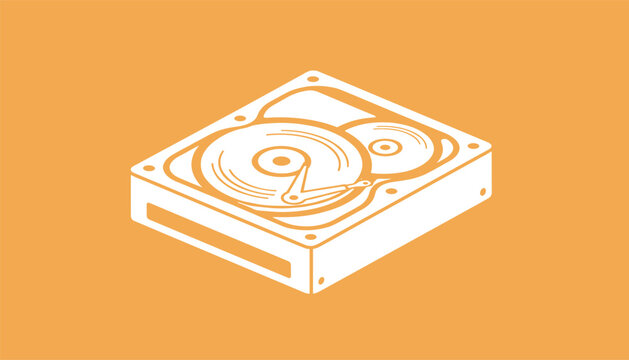 Isometric white line art drawing of a computer internal hard disk drive on a solid mustard yellow background.