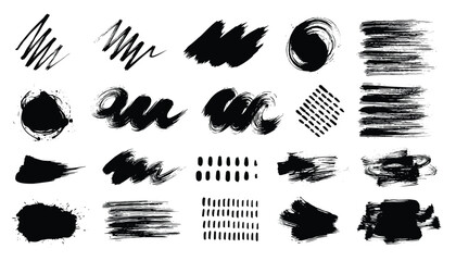 Fototapeta premium Collection of twenty unique black paint brush strokes, ink scribbles, and artistic textures on a white background.