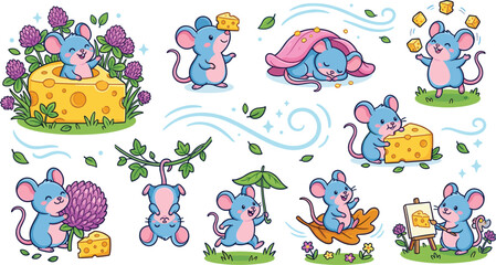 Obraz premium Cute Cartoon Blue Mouse Sticker Set with Delicious Cheese Blocks Purple Clover Flowers Leaf Umbrella and Canvas Painting for Childish Scrapbook Designs