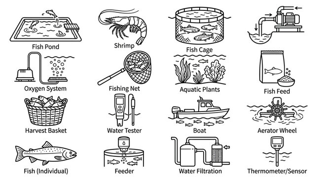 Aquaculture and fish farming industry icons