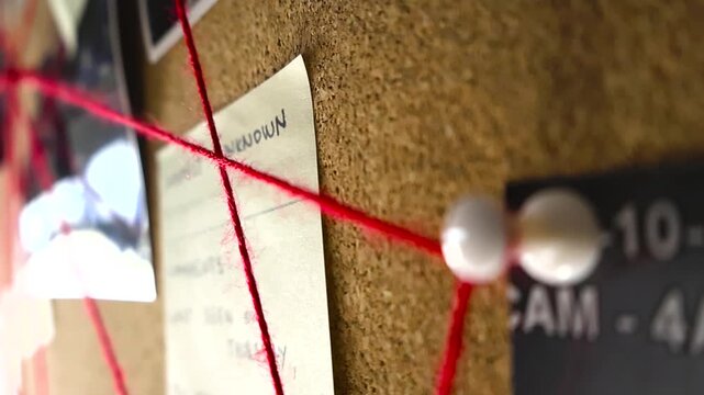 Corkboard featuring crime scene photos, notes, and information connected by red string, showing a police detective's investigation process and the search for connections and clues