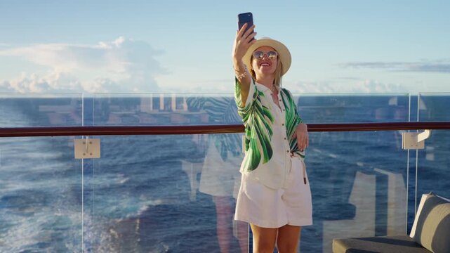 Stylish woman in tropical print shirt and straw hat takes selfie on cruise liner deck in Caribbean Sea. Glass railing reveals blue ocean waves and cloudy sky as she poses happily with smartphone.
