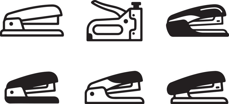 Six different types of black and white office staplers icon set Vector