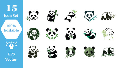 Set of 15 detailed panda vector icon graphics with wildlife, collection © Abu Sufian