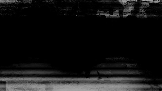 Abstract black and white glitch background with dense horizontal scanline distortion flickering on a seamless loop. Anchors a cinematic noir film transition and vintage industrial techno video design.