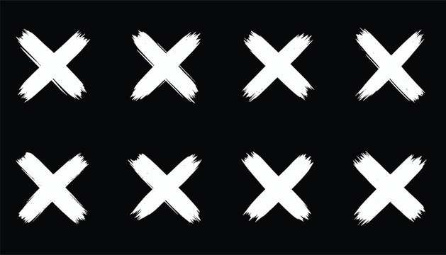 Eight hand-painted white cross marks and X symbols of various stroke widths arranged in rows on a black background.