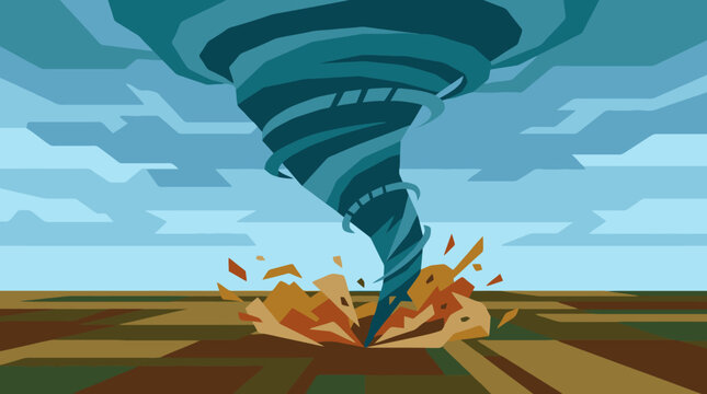 Powerful tornado hitting a rural landscape