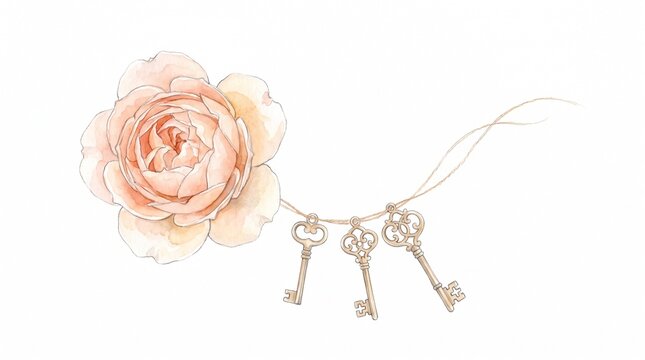Delicate watercolor rose illustration, a soft peach floral bloom with three antique skeleton keys, elegant botanical art for romantic designs and wedding invitations.
