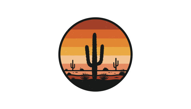 Retro sunset design with Saguaro cactus silhouette in a circular frame of orange, red, and yellow horizontal stripes.