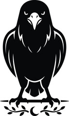 Naklejka premium Minimalist black and white vector illustration of a majestic raven perched on a stylized branch with crescent moon