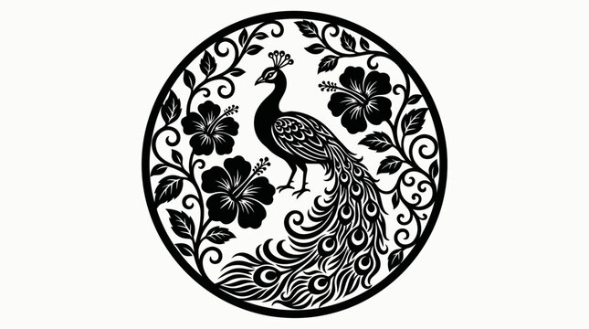 Ornate peacock and hibiscus floral circular design.
