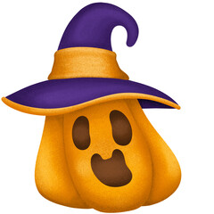Surprised orange pumpkin wearing purple witch hat for Halloween celebration