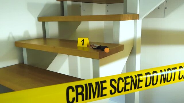Yellow police tape cordoning off a residential staircase where a bloody knife, tagged with an evidence marker, lies on a step, indicating a violent crime or murder investigation
