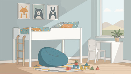 Cozy children bedroom interior flat design illustration featuring a loft bed, desk, and colorful toys. © Fahim