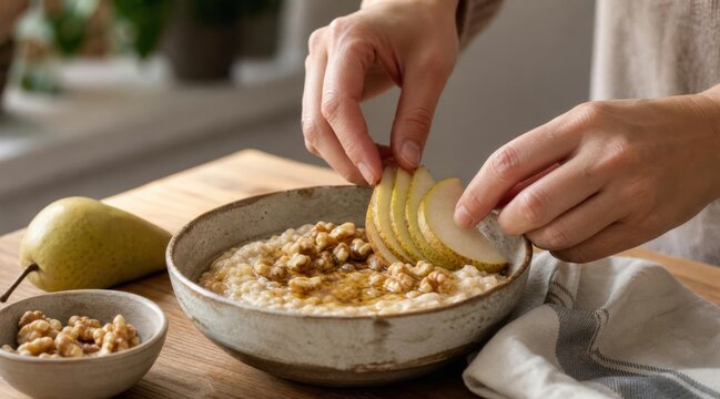 Hands arranging pear slices in oatmeal bowl