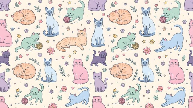 Cute cat breed seamless pattern vector background with Siamese, Persian, Maine Coon, Bengal, and Scottish Fold kitten illustrations.