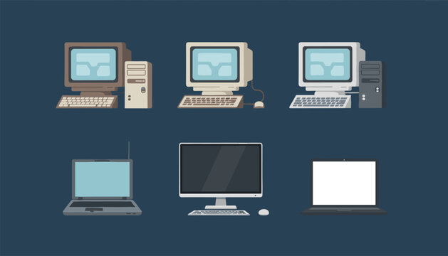 Evolution of computers from retro grey desktop monitors to modern laptops and slim screens on a dark blue background.