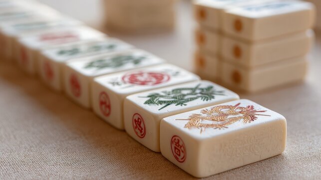 Neatly arranged traditional mahjong tiles display in a perfectly aligned row