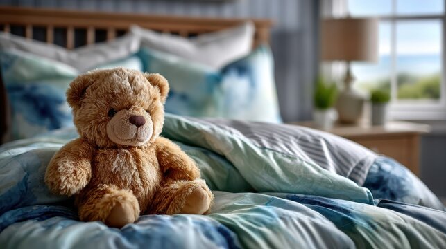 Cute teddy bear on blue whale illustrated children bedding set styled on nursery bed for kids room decor and baby bedroom product lifestyle scene