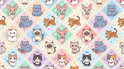 Fototapeta premium Cute cat breed seamless pattern vector background with Siamese, Persian, Maine Coon, Bengal, and Scottish Fold kitten illustrations.