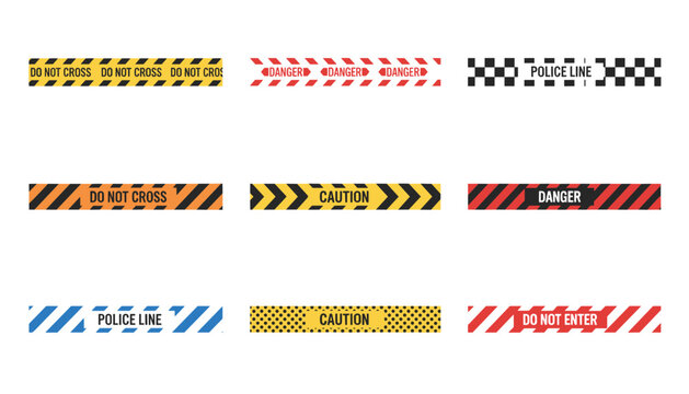 Nine design templates for industrial warning barrier tape in yellow, red, orange, and blue caution patterns.