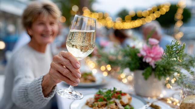 Outdoor dinner toast with elderly woman raising wine glass at candlelit table for retirement celebration, friends reunion and senior social dining
