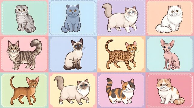 Cute cat breed seamless pattern vector background with Siamese, Persian, Maine Coon, Bengal, and Scottish Fold kitten illustrations.