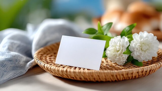 Blank rsvp card on wicker charger with white floral accent for wedding place card mockup, invitation layout, seating plan preview and stationery presentation for events